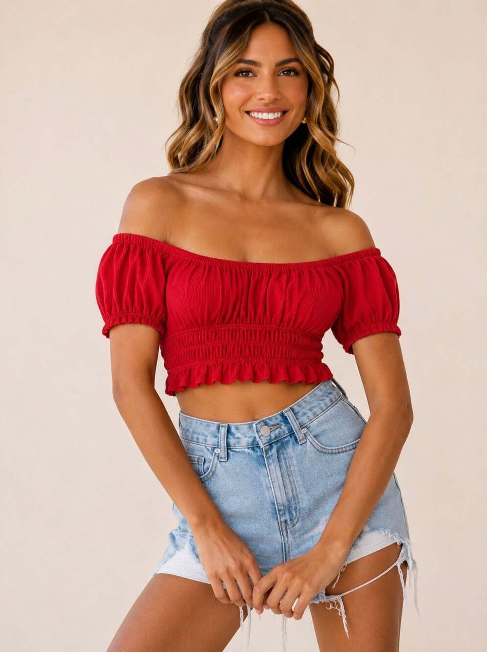 NWT I|A Icon Apparel Red Smocked Off Shoulder Crop Top Puff Sleeve Size M
